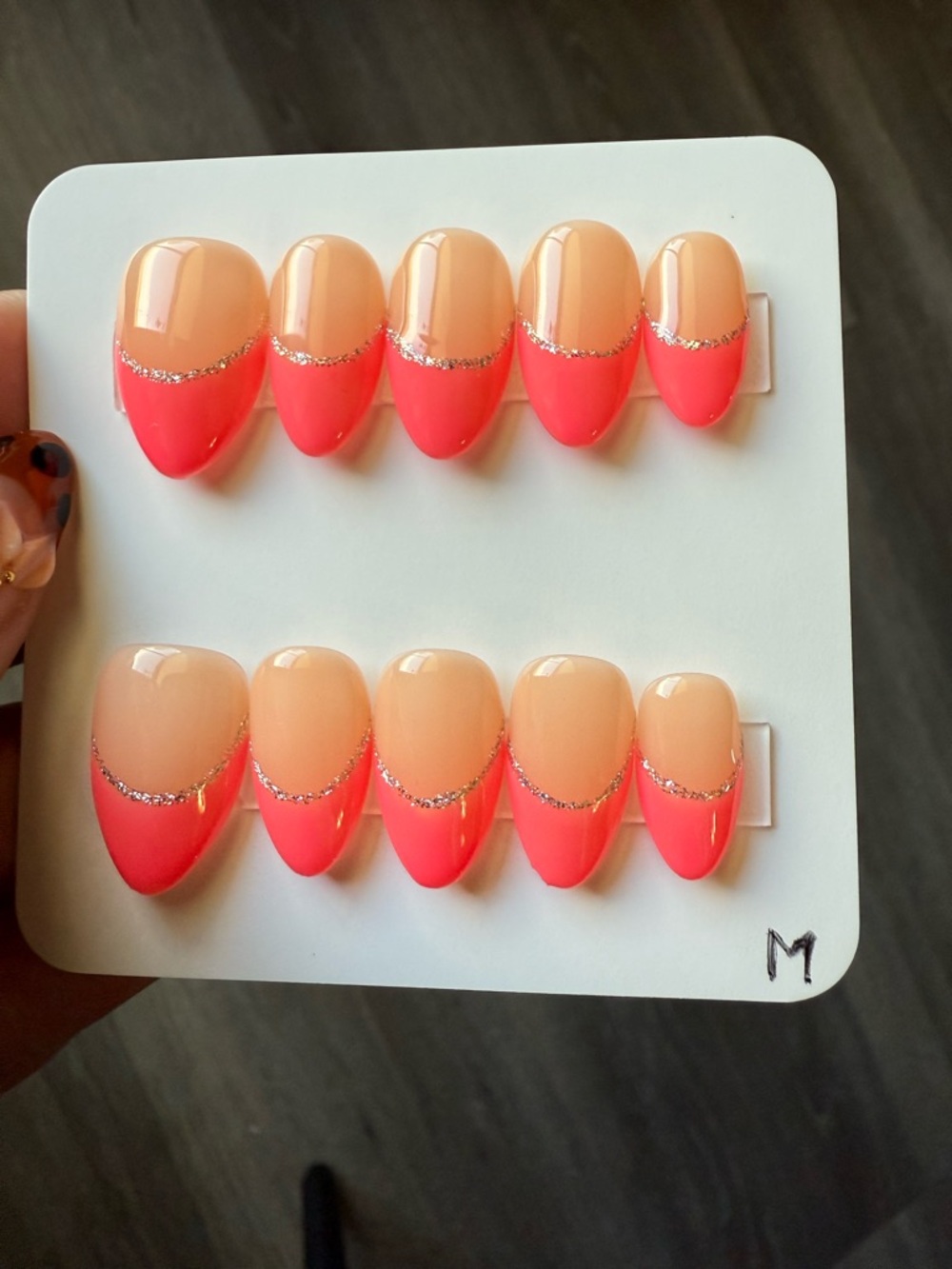 Peach to Neon Coral Glitter French Press-On Nails